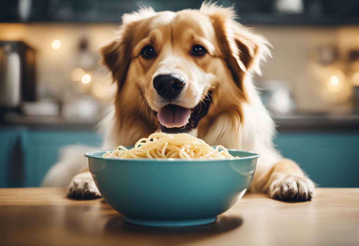 A happy dog with a bowl of pasta, wagging its tail eagerly