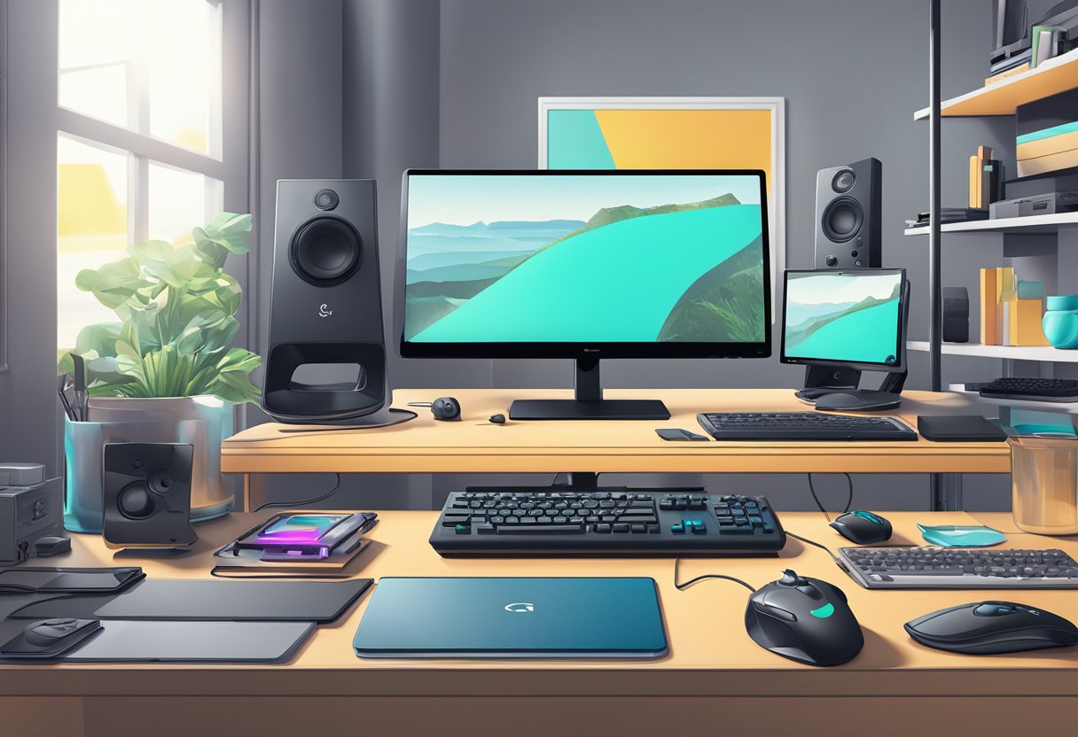 A Logitech controller resting on a sleek, modern desk, surrounded by a clutter of gaming accessories and a computer monitor in the background