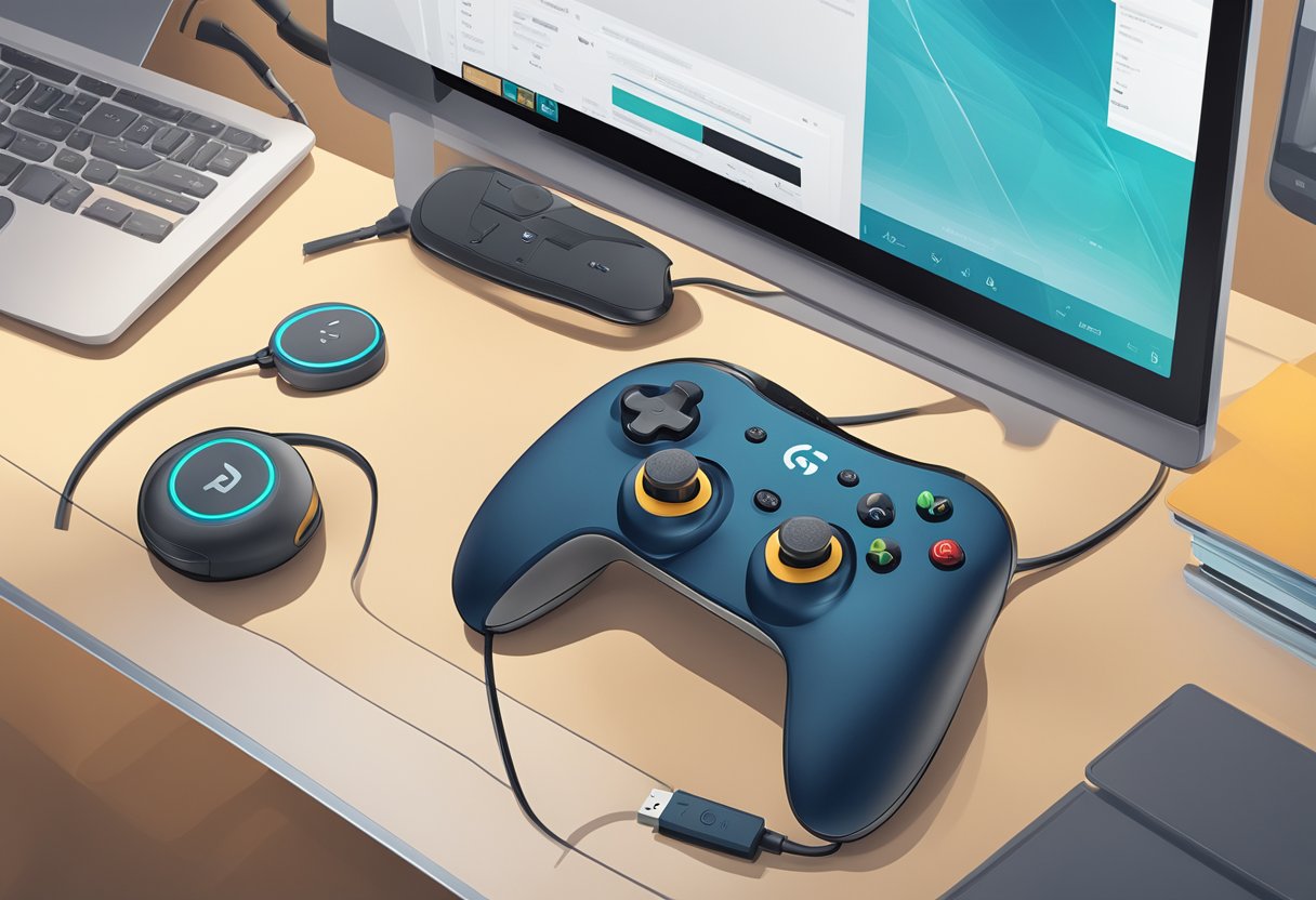 A Logitech controller placed on a clean, well-lit desk with a laptop and USB cable nearby