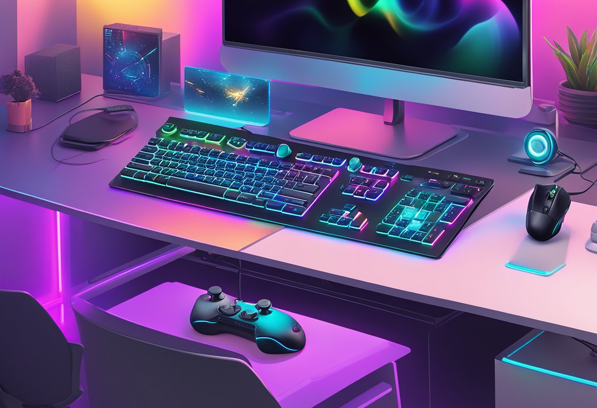 A Logitech controller sits on a sleek, modern desk, surrounded by a high-tech gaming setup with colorful LED lights and a large monitor