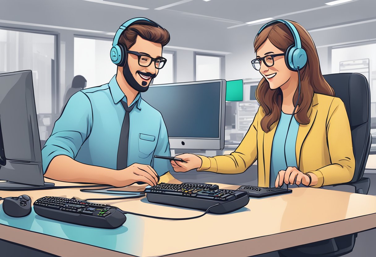 A customer service representative assists a customer with purchasing and product support for a Logitech controller