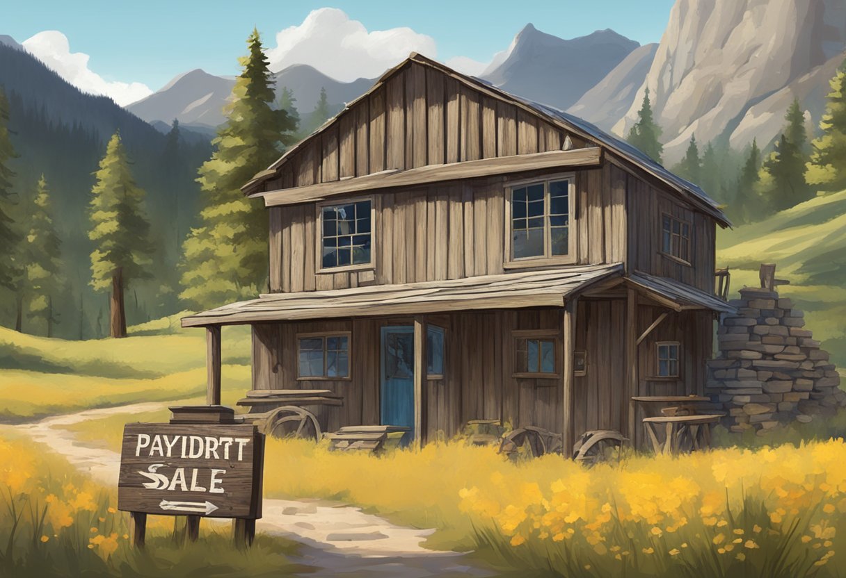 A weathered wooden sign advertises "Paydirt for sale" in front of a rustic mining shack nestled in the mountains