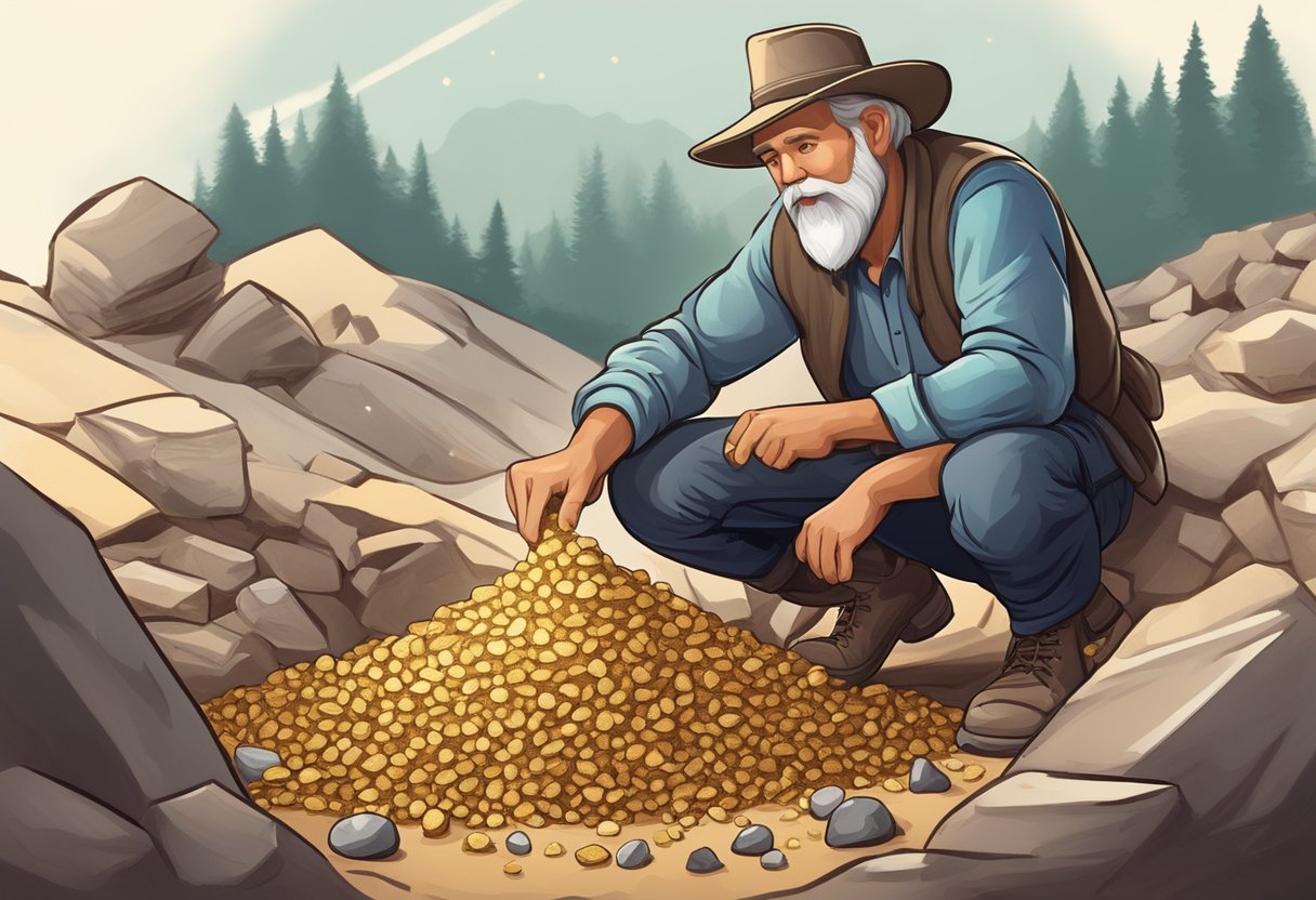 A prospector sifting through a pile of paydirt, excitedly discovering gold nuggets and precious gemstones