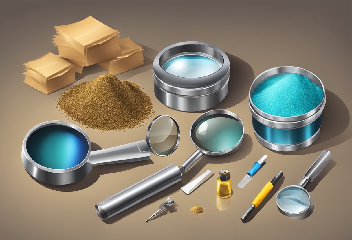 A table with assorted containers of paydirt, tools, and a magnifying glass for inspecting quality and purity