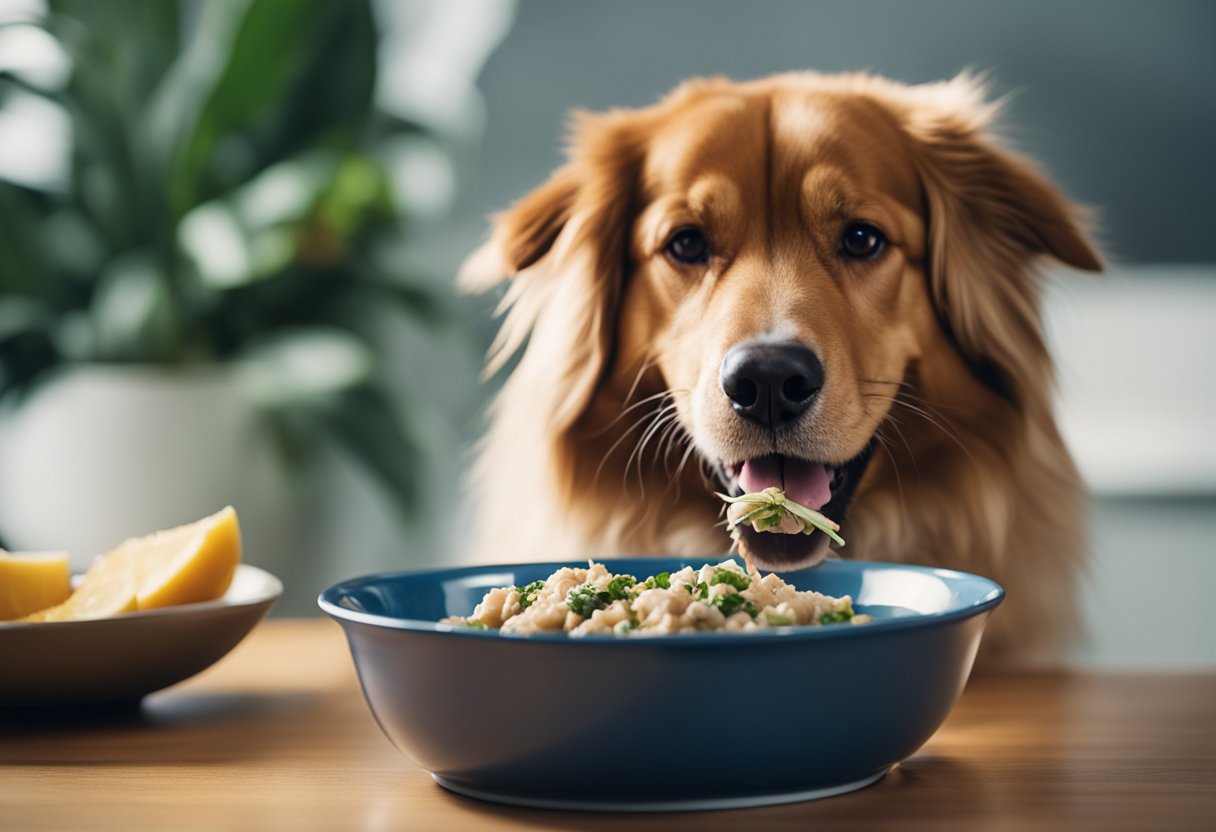 A happy dog eating tuna from a bowl