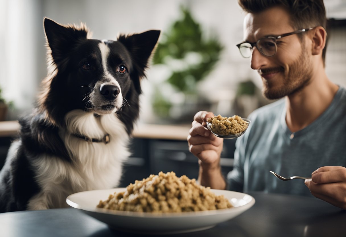 A dog eagerly eating a bowl of tuna, with a concerned owner looking on