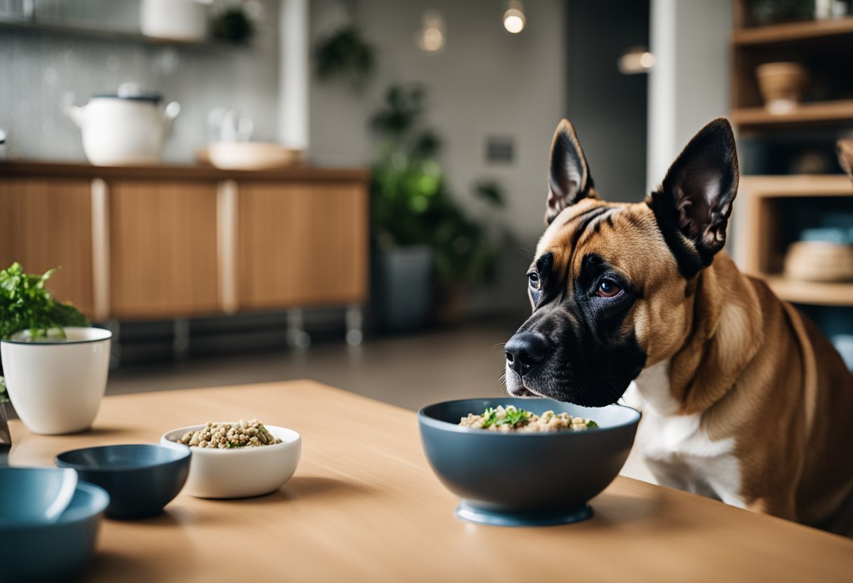 A dog eagerly sniffing a bowl of tuna, with a concerned owner watching in the background