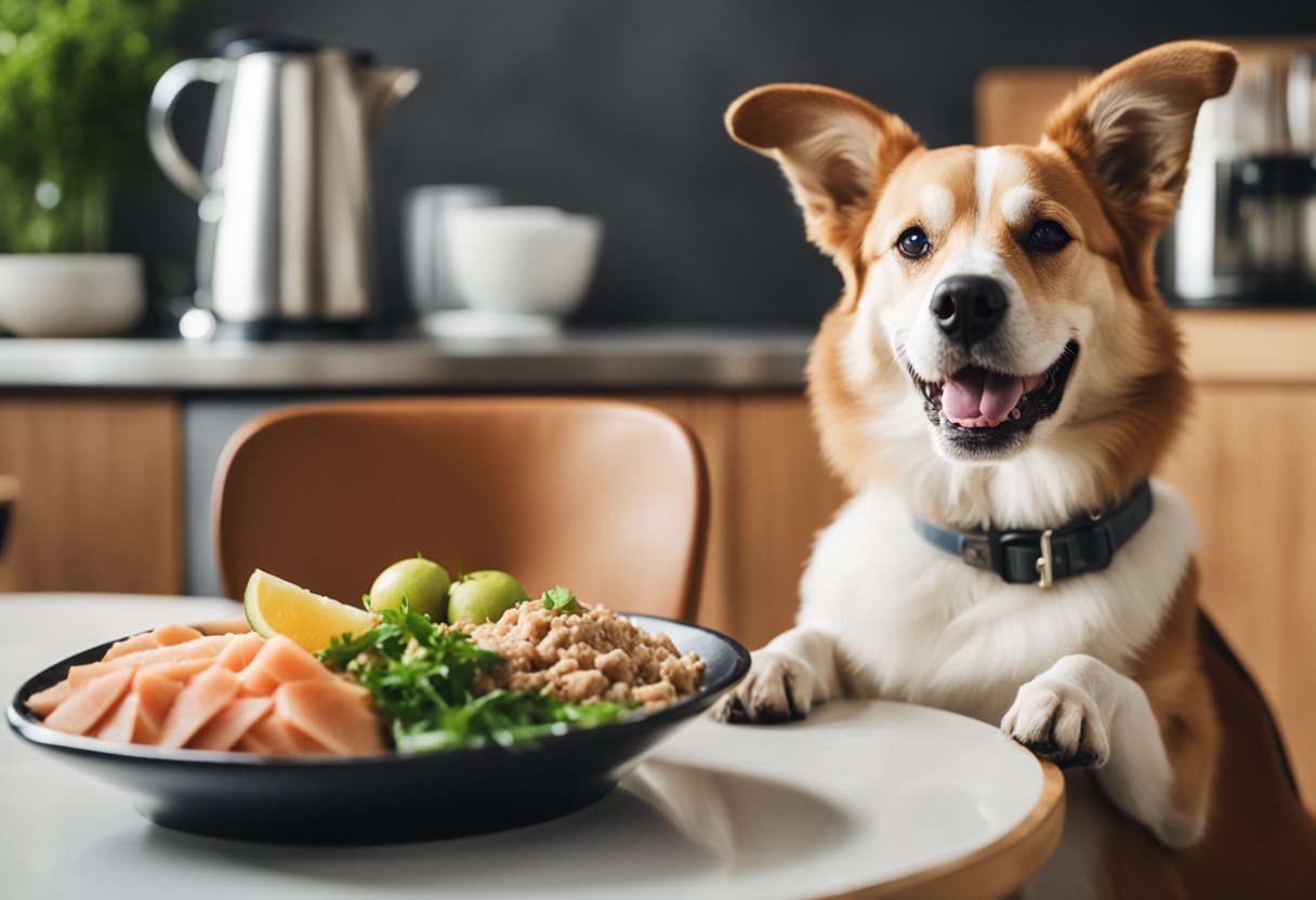 A happy dog with a bowl of tuna in front of it, eagerly eating