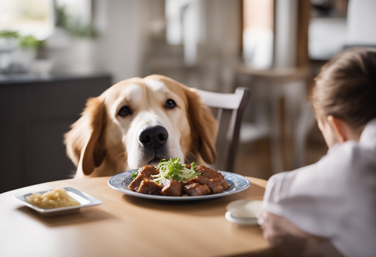 A dog eagerly sniffs a plate of cooked pork, while a concerned owner looks on