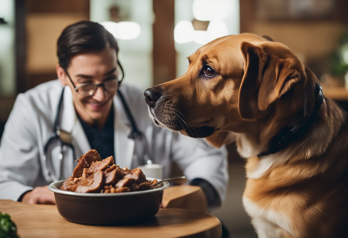 A dog happily eating a bowl of cooked pork with a concerned vet looking on