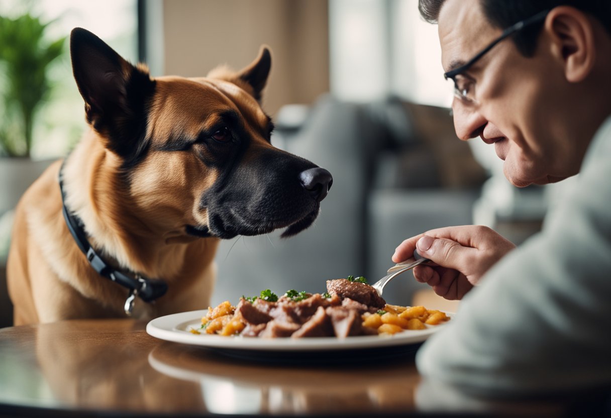 A dog eagerly sniffs a plate of cooked pork, while a concerned owner looks on