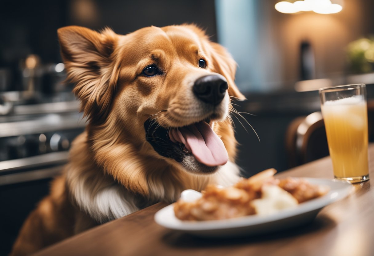 A happy dog eagerly eating a piece of cooked pork