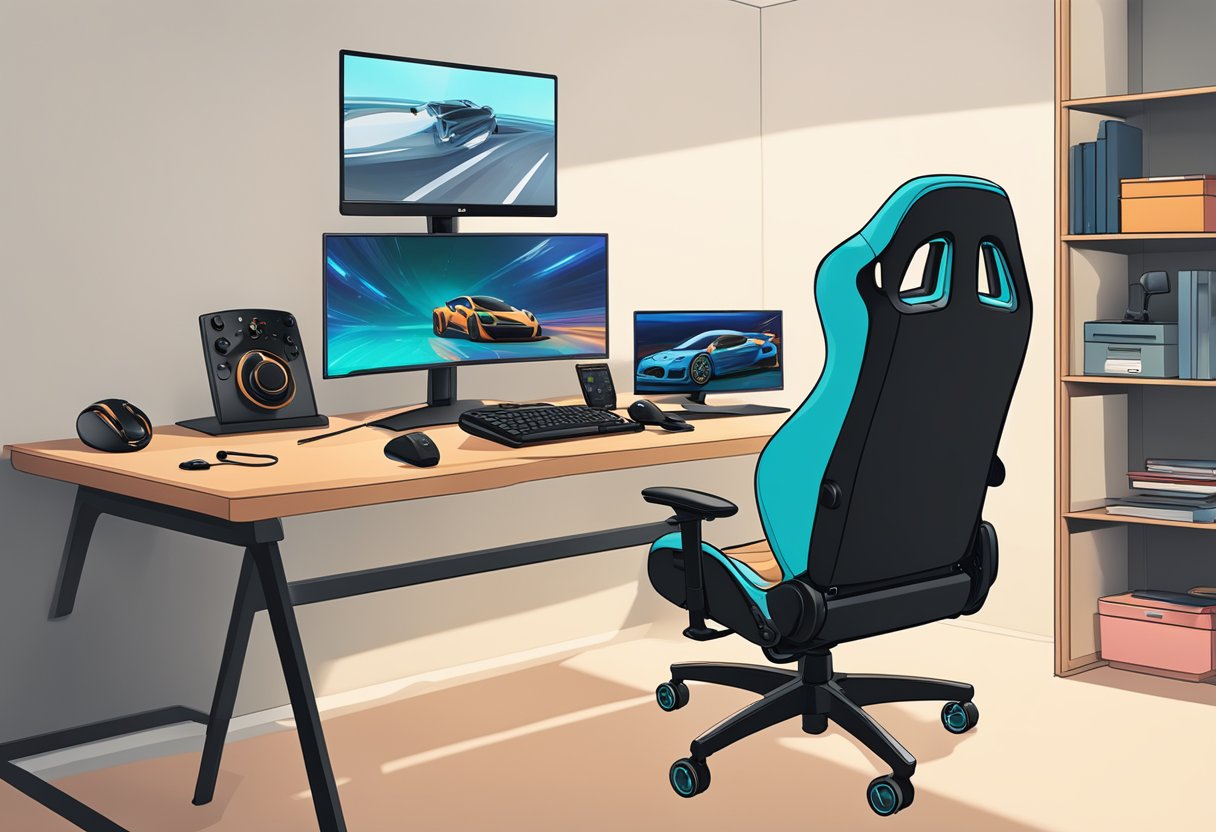 A Logitech racing wheel mounted on a desk, connected to a gaming console or computer, with a chair positioned in front of it