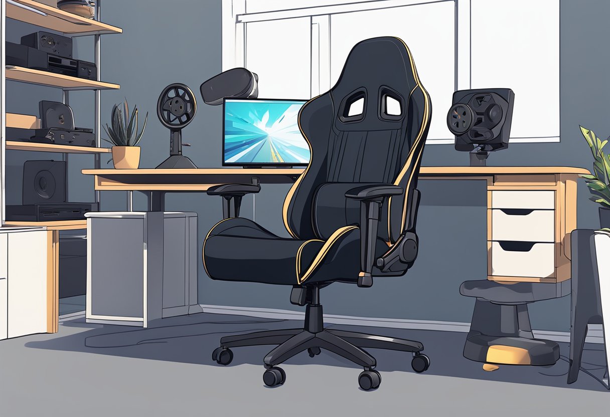 A Logitech racing wheel is mounted on a sturdy desk, connected to a gaming console with wires neatly organized. The room is dimly lit, with a comfortable gaming chair positioned in front of the setup