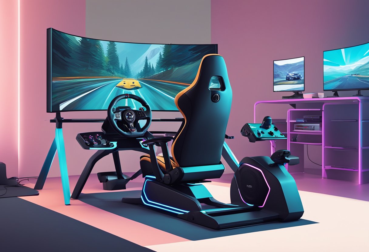 A person using a Logitech racing wheel, surrounded by a high-tech racing simulator setup, with a large curved screen and immersive sound system