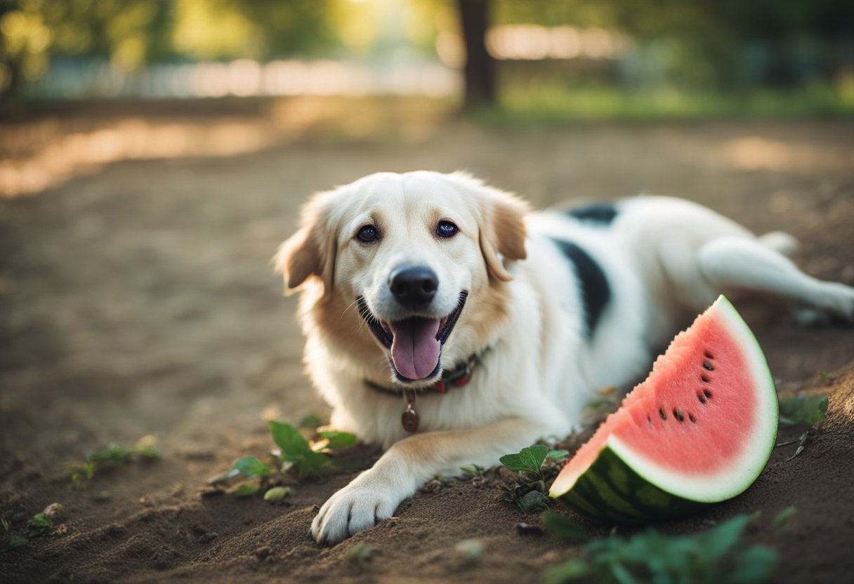 A happy dog munches on a juicy slice of watermelon, with seeds scattered on the ground