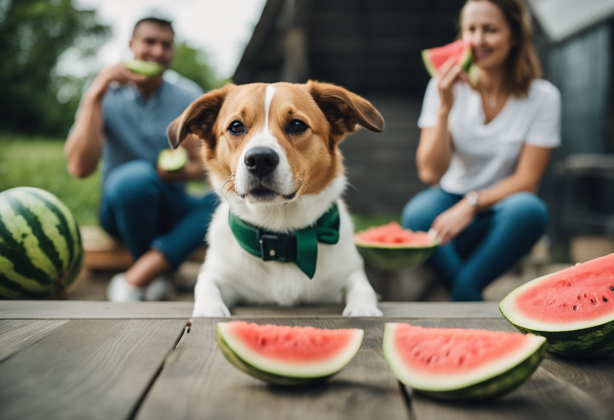 A dog happily eating watermelon, a vet looking concerned in the background