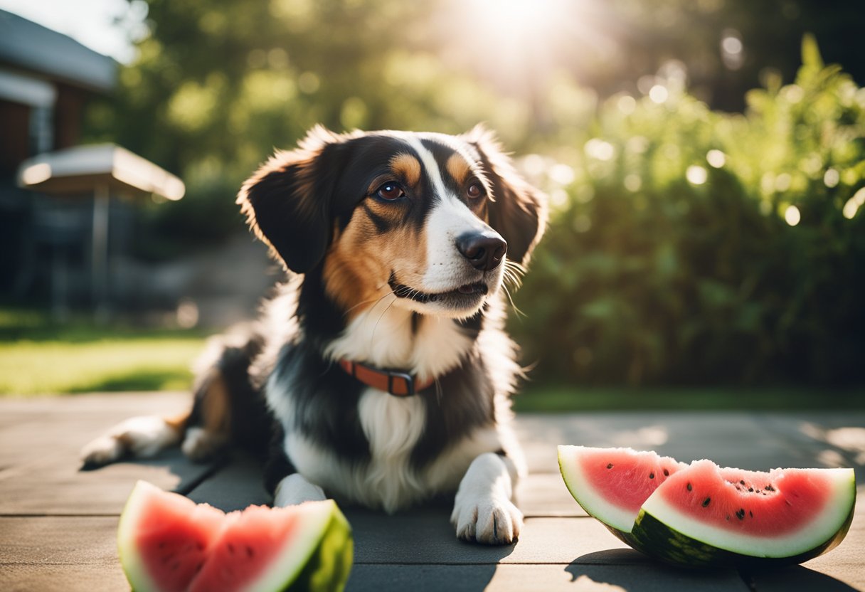 A dog eagerly eating watermelon slices in a sunny backyard