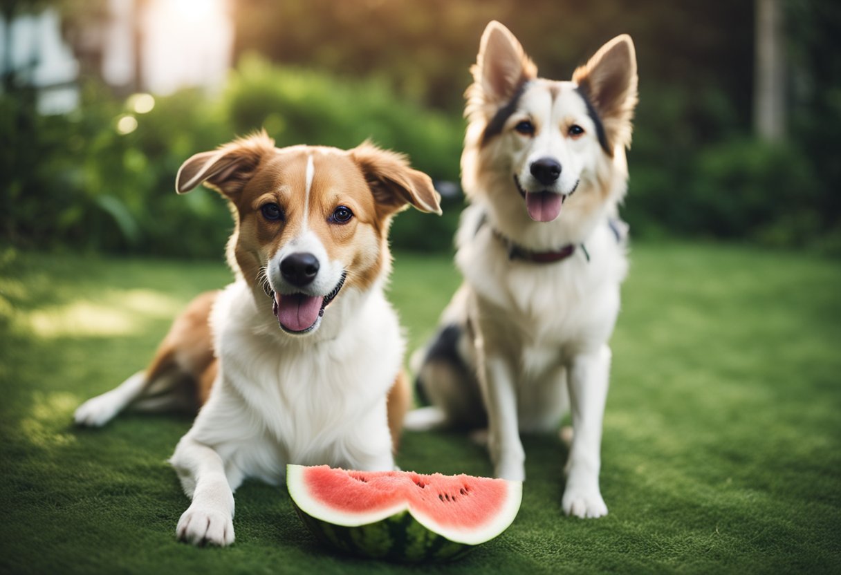 A happy dog sitting beside a watermelon, with a curious expression, and a bowl of water nearby