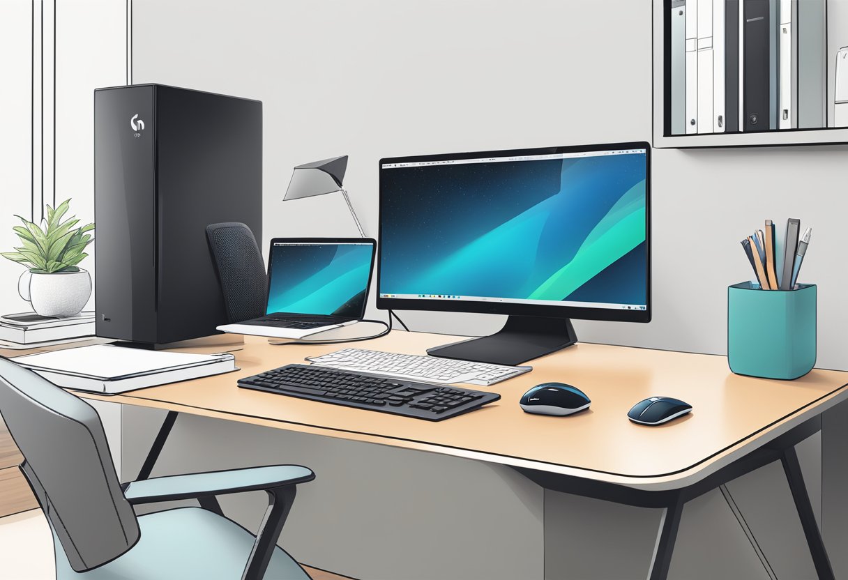 A sleek, modern desk with a Logitech wireless mouse placed next to a computer