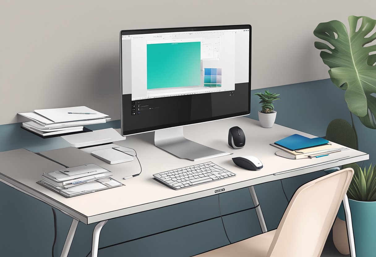 A sleek, modern desk with a computer and the Logitech M720 Triathlon wireless mouse next to it