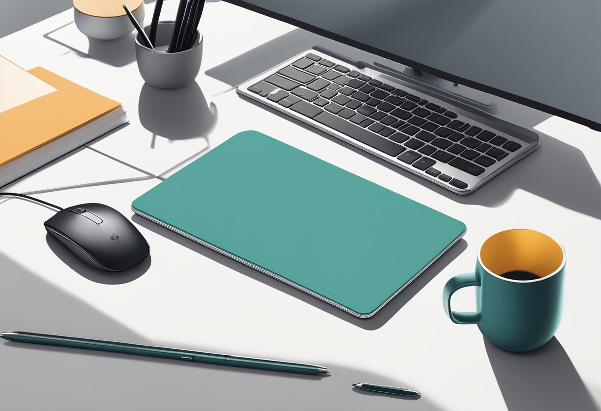 A sleek, modern desk with a Logitech MX Anywhere 3 wireless mouse placed next to a laptop and a notepad