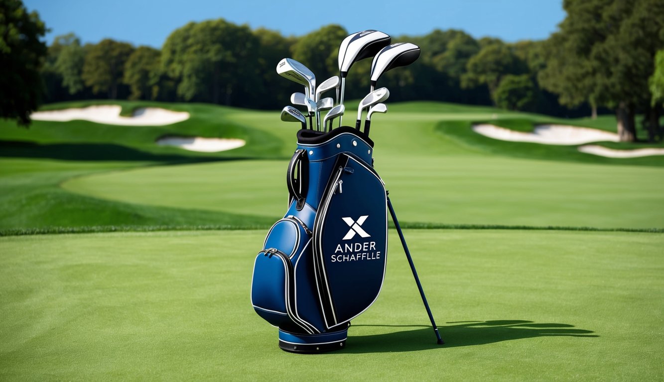 A golf bag with Xander Schauffele's clubs neatly arranged on a lush green golf course