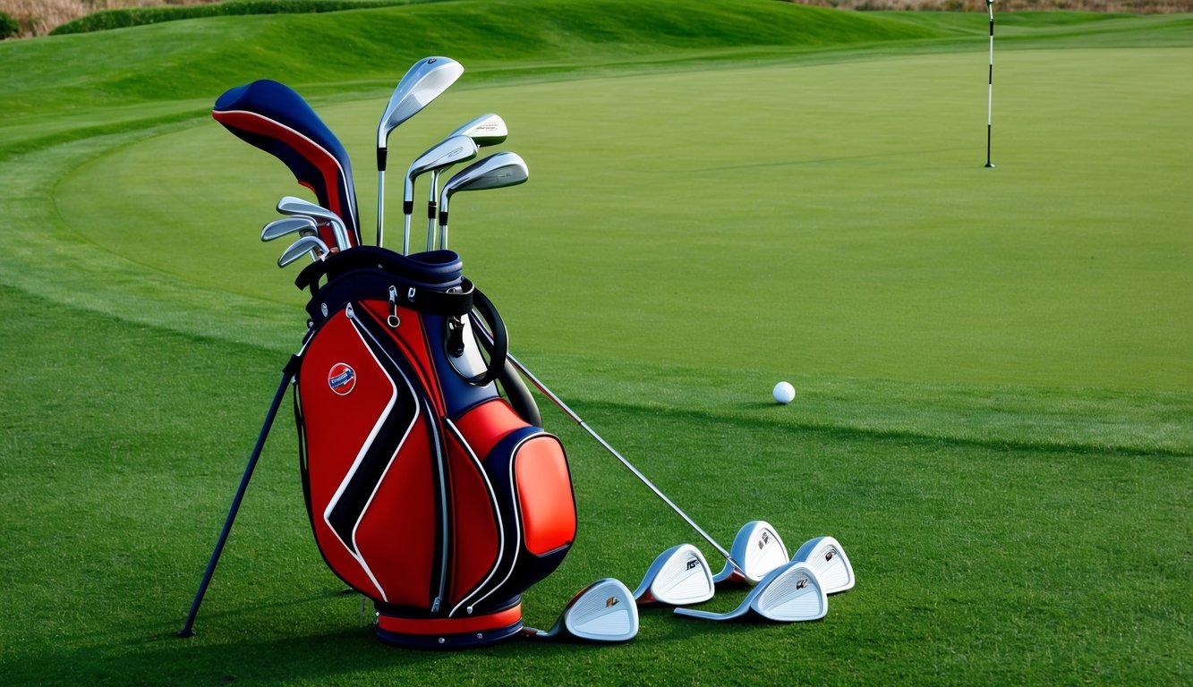 A golf bag with various clubs arranged neatly on a grassy course