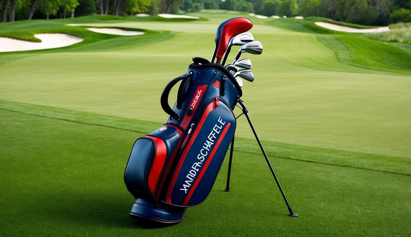 A golf bag with Xander Schauffele's clubs neatly arranged on a lush green fairway