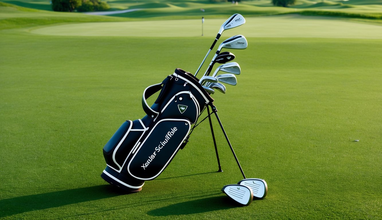 A golf bag with Xander Schauffele's clubs arranged neatly on a pristine green fairway