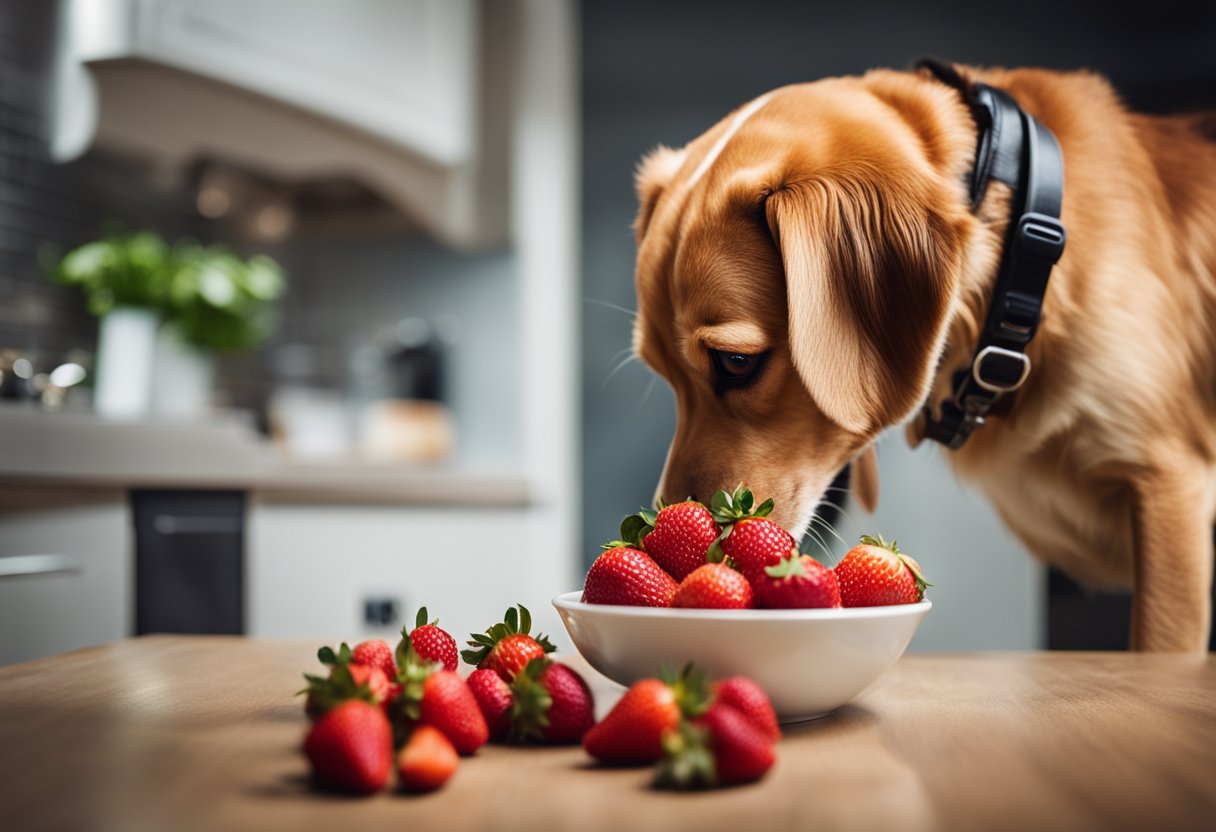 A dog sniffing a bowl of fresh strawberries