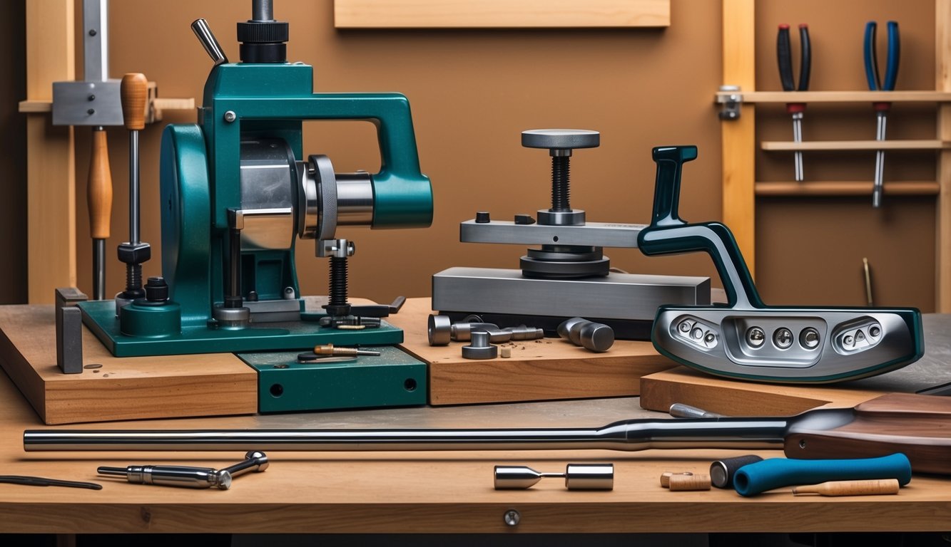 A workbench with precision tools, a shaping machine, and a finished putter with intricate detailing