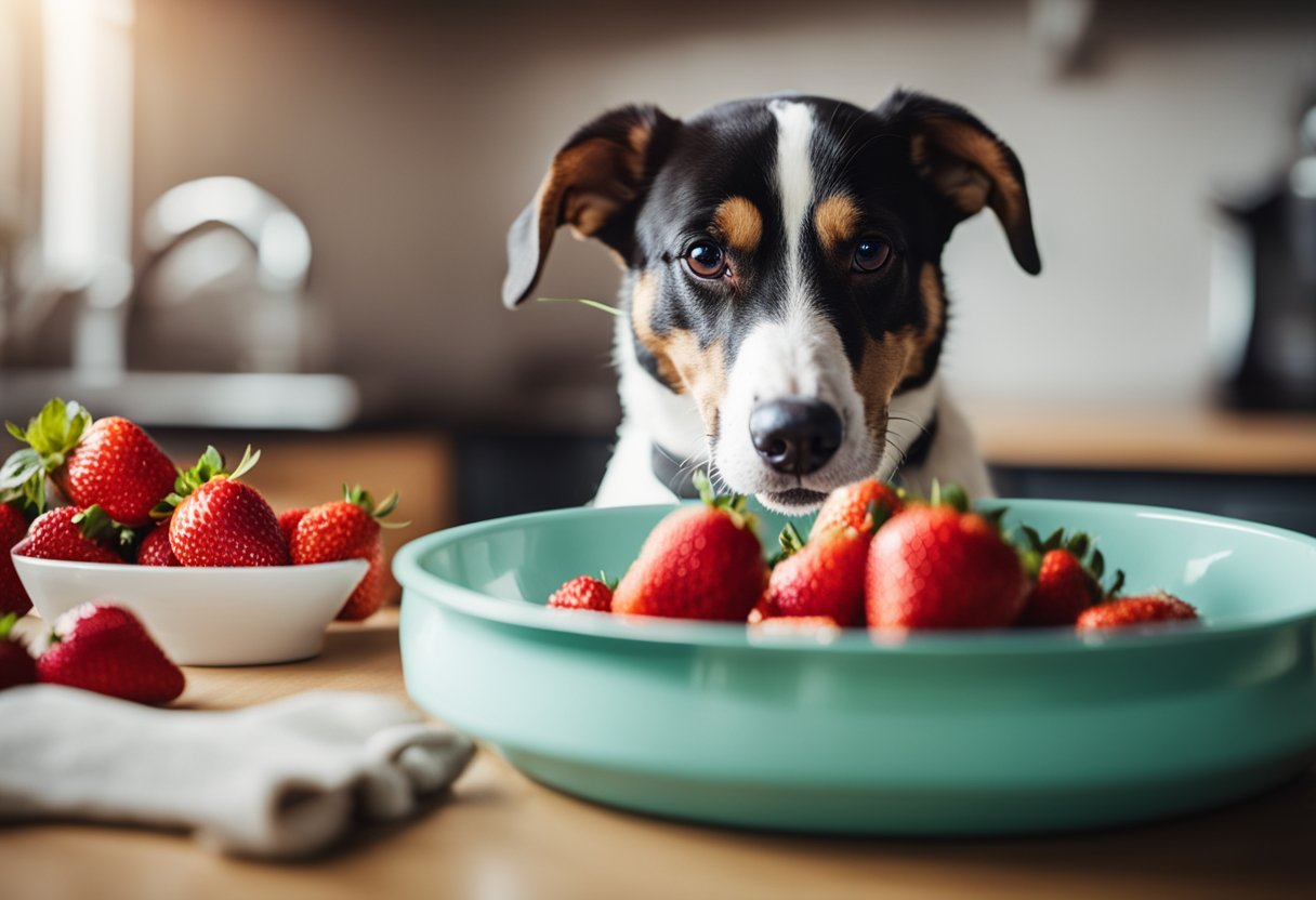 A dog eating strawberries from a clean, pet-safe bowl with caution signs in the background