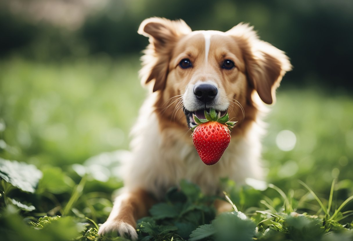 A dog eagerly eats a ripe strawberry, its tail wagging happily