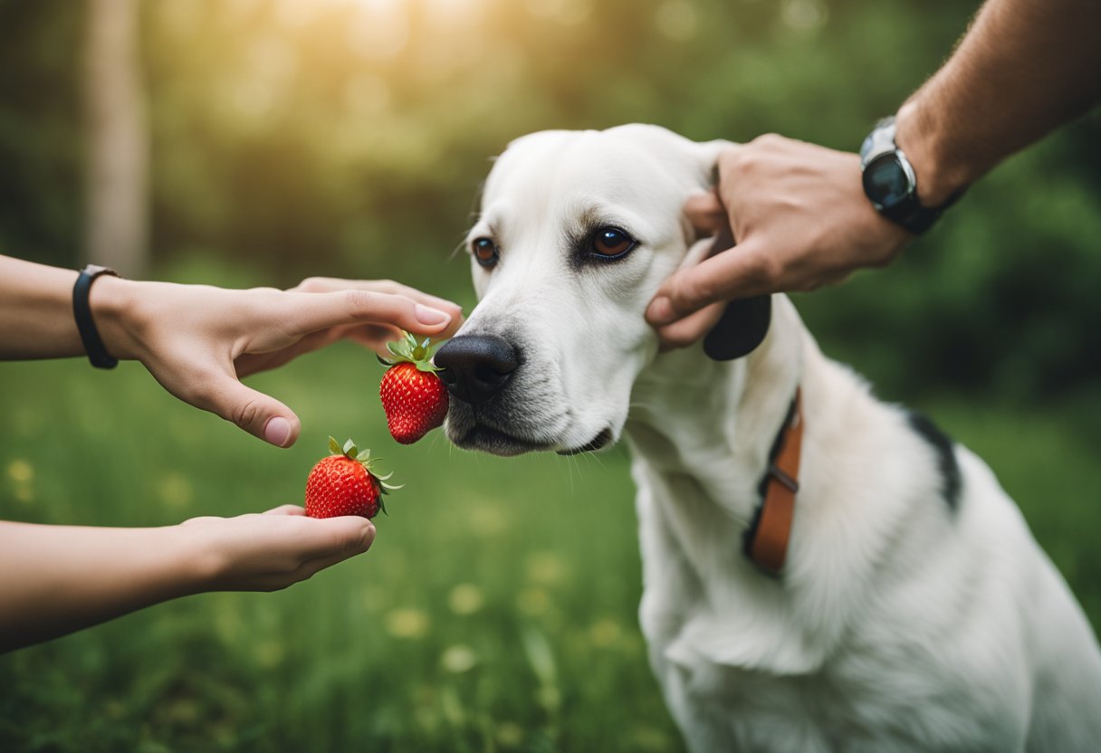 A dog eagerly sniffs a fresh strawberry, while a concerned owner looks on, questioning its safety