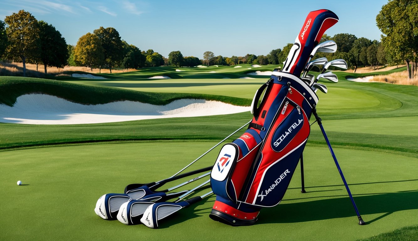 A golf bag with Xander Schauffele's clubs laid out on a green, with a golf course in the background