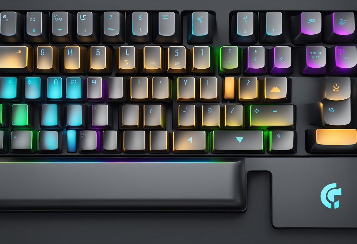 A Logitech mechanical keyboard with RGB backlighting on a sleek, black surface