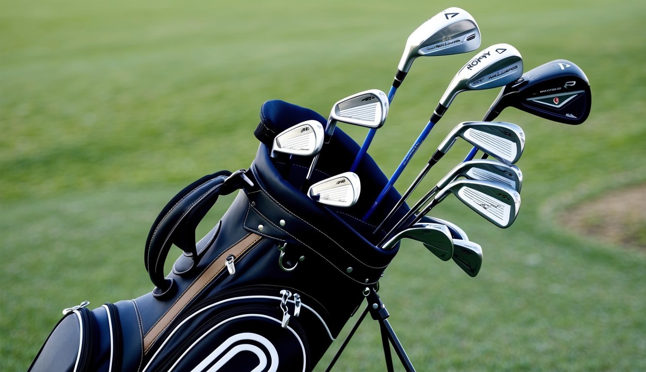 Rory McIlroy's golf bag, with a set of clubs arranged neatly inside, ready for his next round