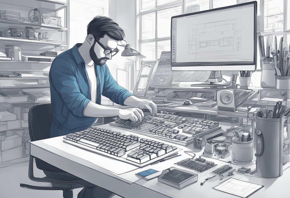 A designer sketches a blueprint for a Logitech mechanical keyboard, surrounded by various tools and computer parts