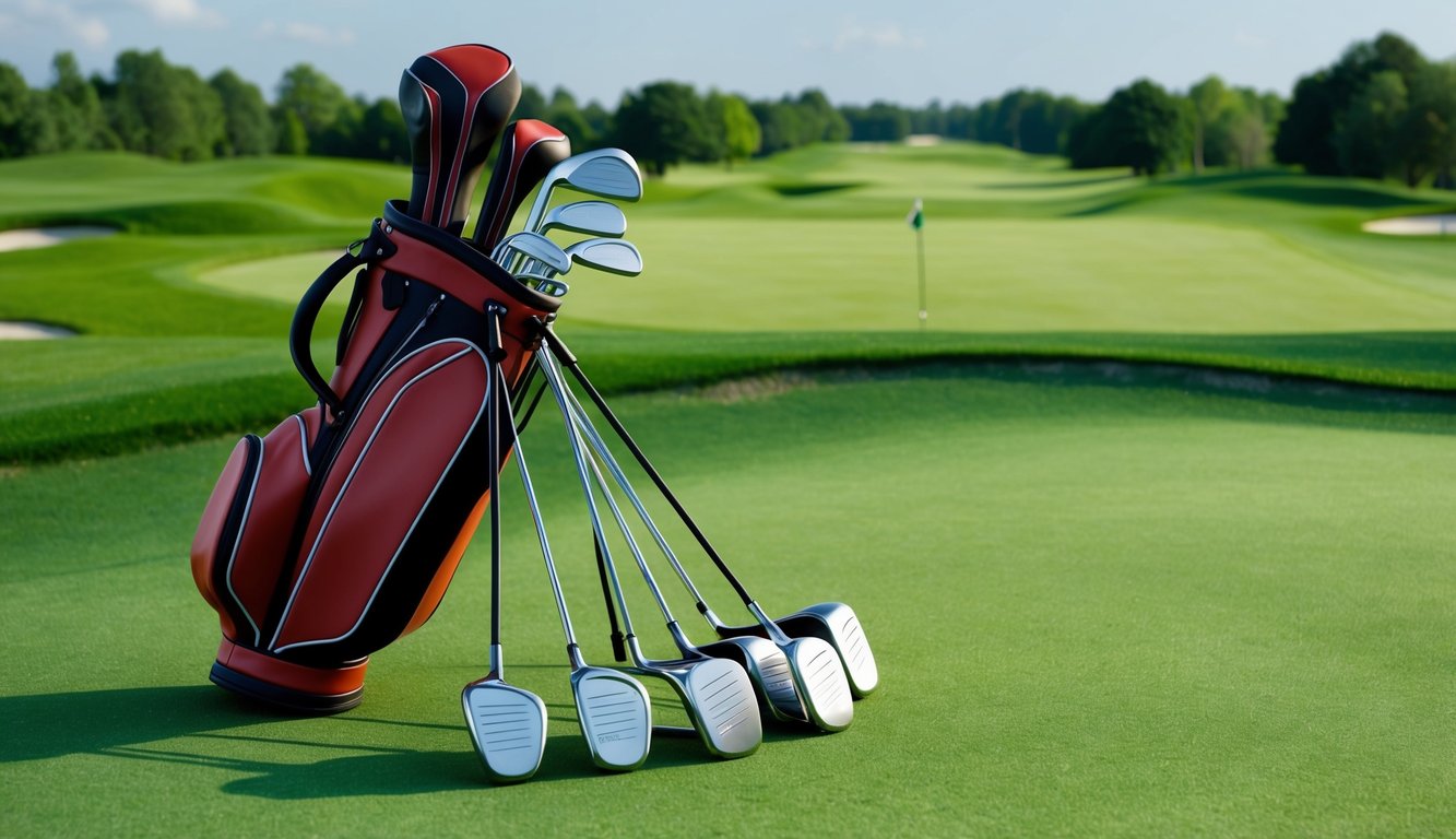 A golf bag with various clubs arranged neatly on a lush green golf course