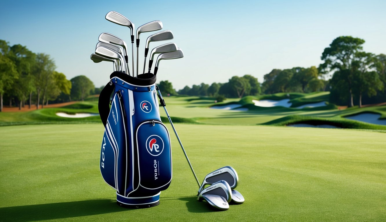 A golf bag with irons and wedges, including a variety of clubs used by Rory McIlroy, laid out on a lush green golf course