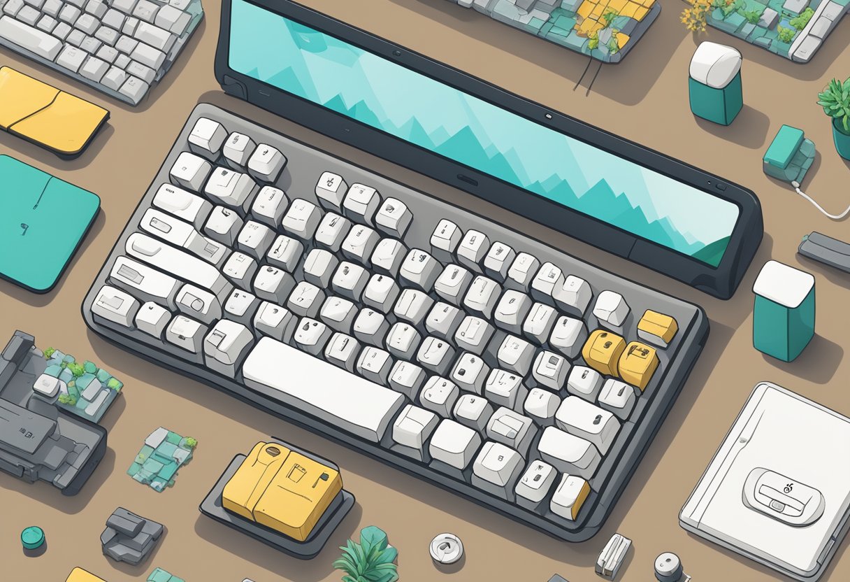 A logitech mechanical keyboard surrounded by eco-friendly materials and symbols of social responsibility