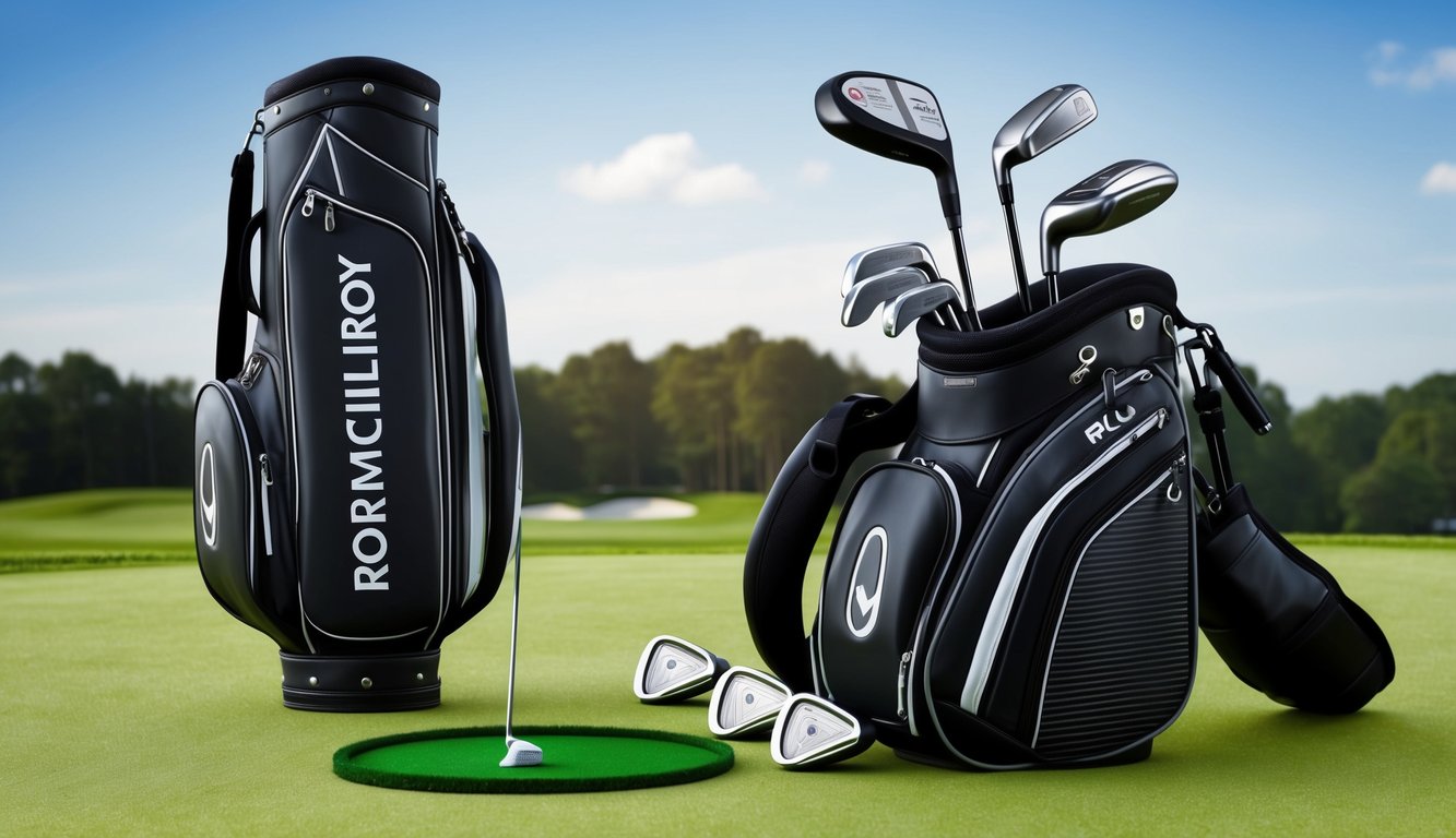 Rory McIlroy's golf bag open on the green, showcasing his putter and short game clubs