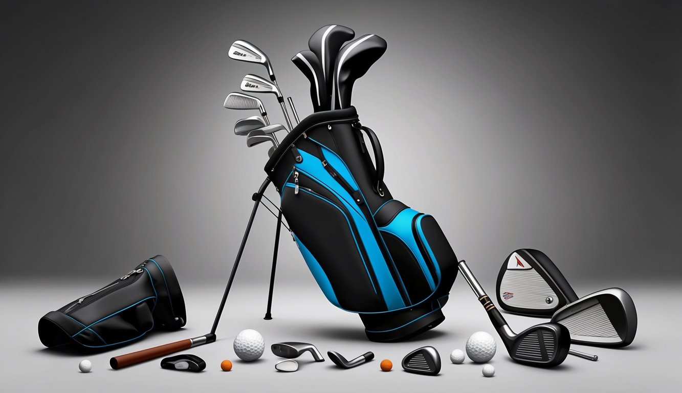 A golf bag with various clubs and accessories scattered around