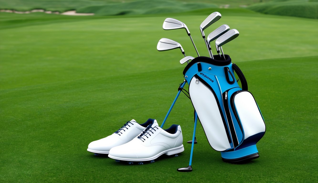 A golf bag with various clubs and a pair of golf shoes on a green grassy course