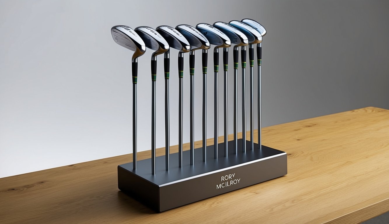 Rory McIlroy's custom golf clubs arranged on a sleek, modern display stand, with his name etched on each club