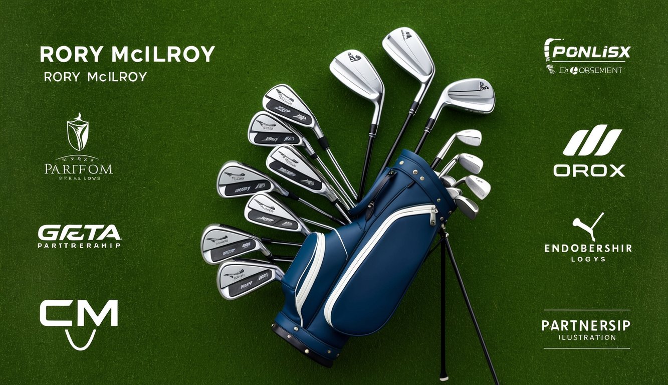 Rory McIlroy's golf clubs laid out on a pristine green, surrounded by endorsements and partnership logos