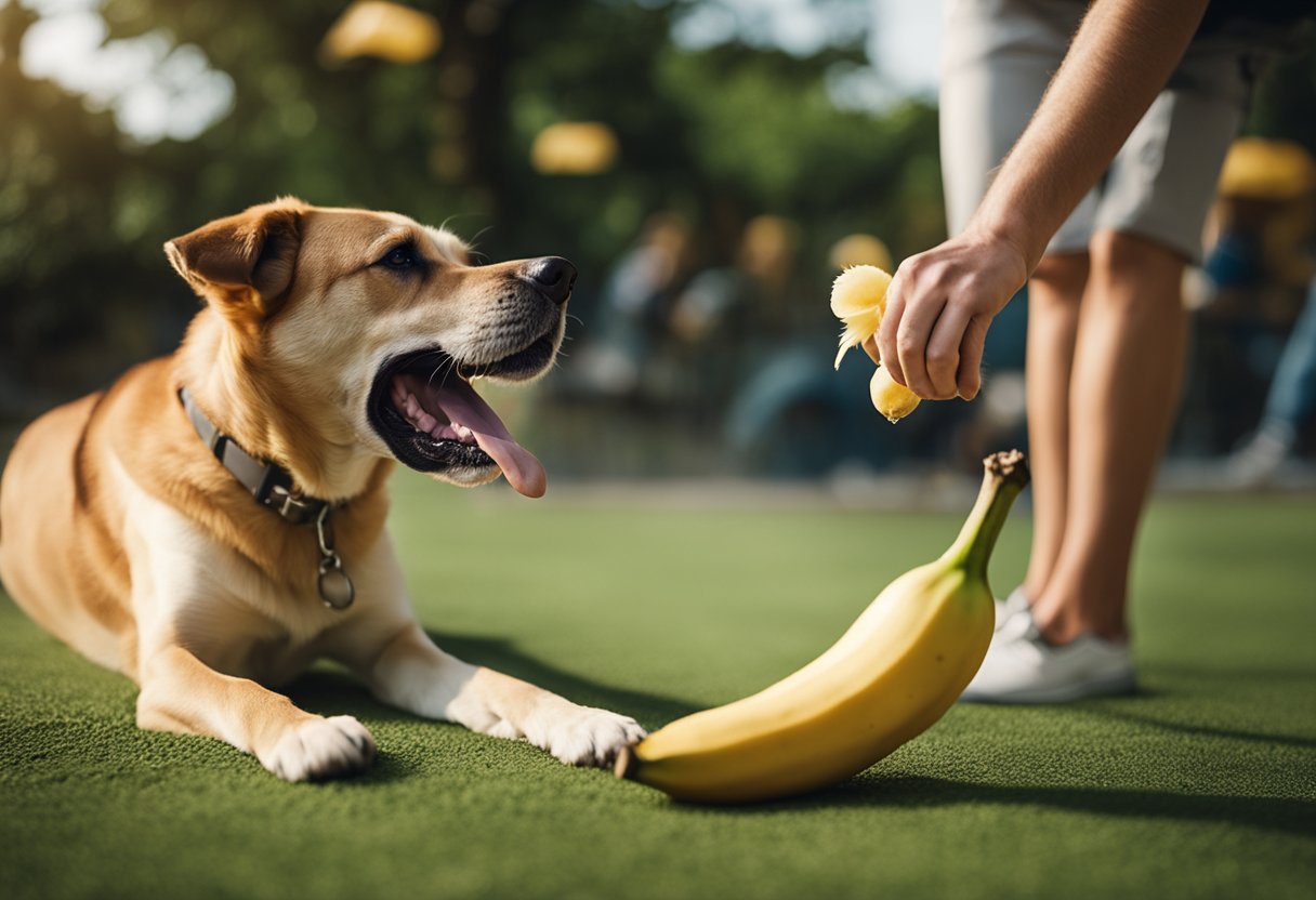 A dog eagerly sniffs a ripe banana, while a concerned owner looks on