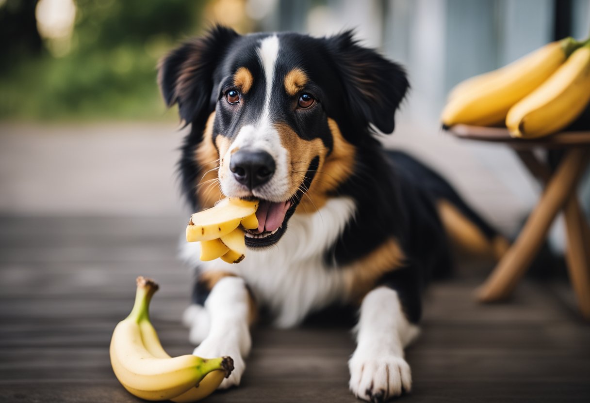 A happy dog eating a banana with a wagging tail and a content expression