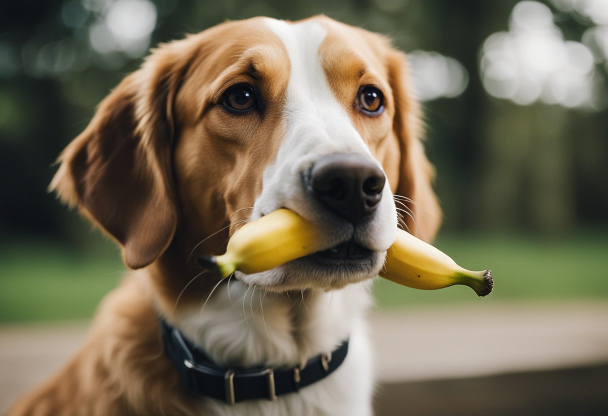 A dog eagerly sniffs a banana, while a curious expression is depicted on its face